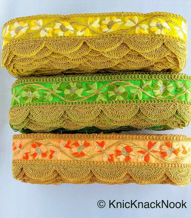 Green / Yellow / Orange And Gold Embroidered Fabric Trim With Floral Embroidery, Scallop Trim, Approx. 65mm Wide - 210119L174 / 75 / 76